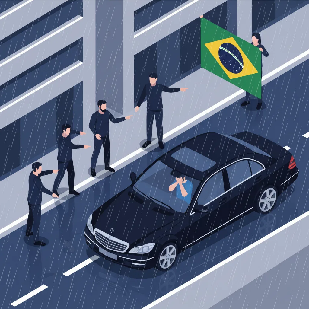 Cena urbana com pessoas ao redor de um veículo em rua molhada, bandeira do Brasil ao fundo - metáfora visual de revelação e urgência informacional